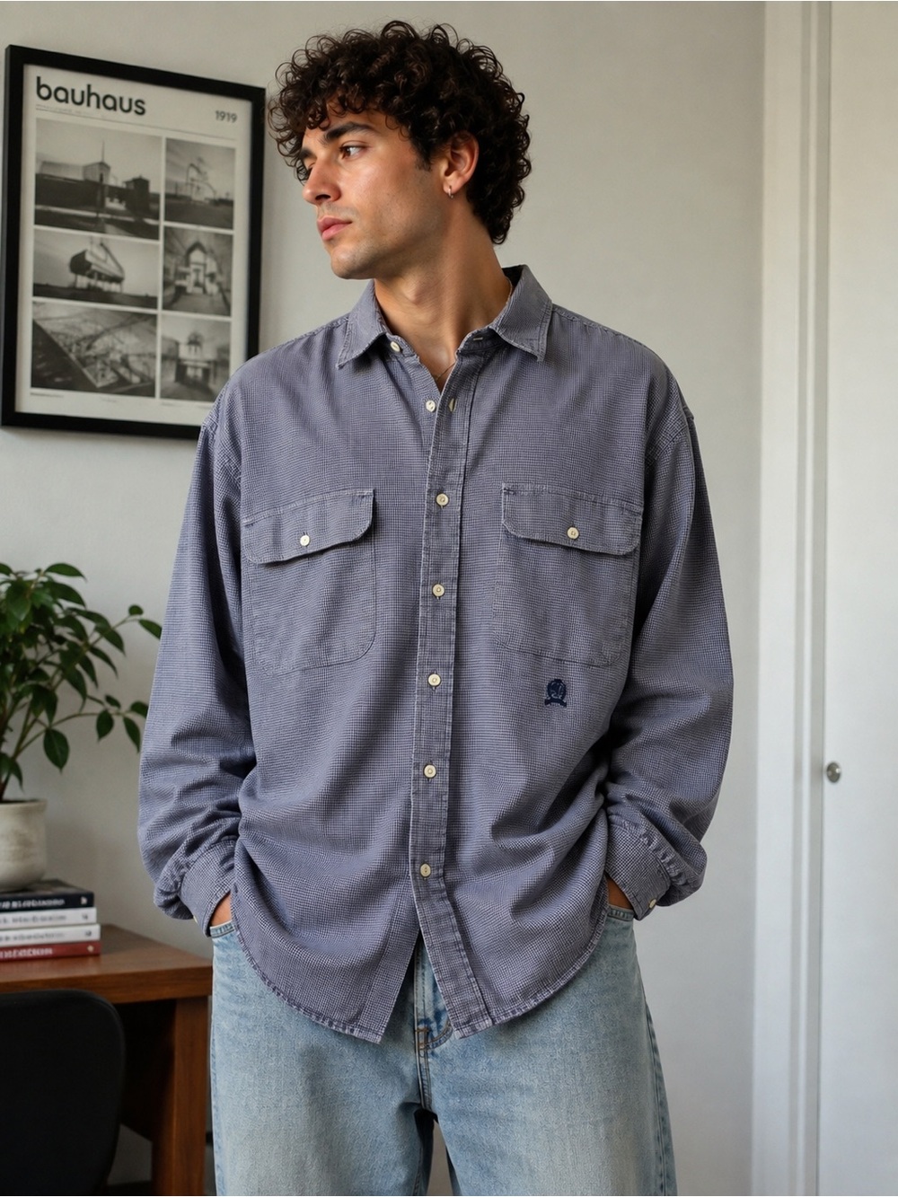 Vintage Tommy Hilfiger 100% Cotton Blue Gray Check Button Up Shirt Size L